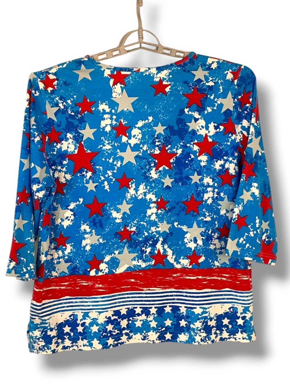 Patriotic Print Top Cotton Blend  3/4 Sleeve Round Neck Red Accent Blue Women L - Picture 2 of 14